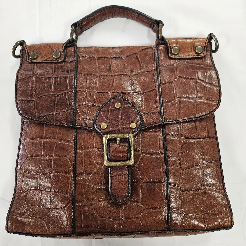 Fossil Croc-Embossed Brown Leather Satchel
